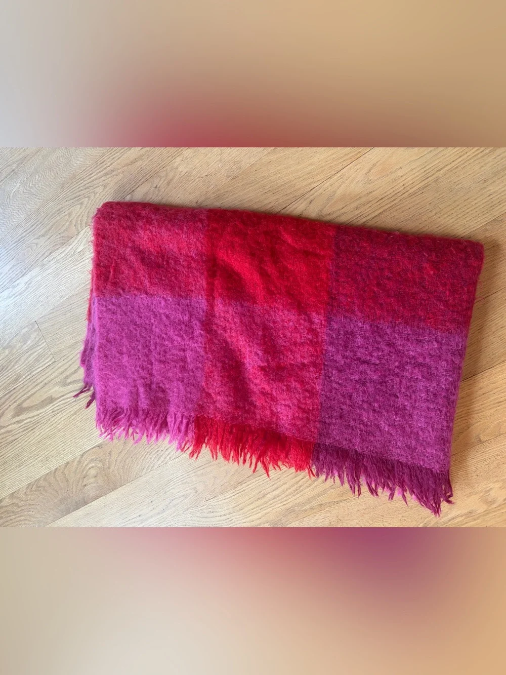 VTG Avoca Handweavers Mohair Wool Blanket Checkered Ireland Fringe Pink Purple